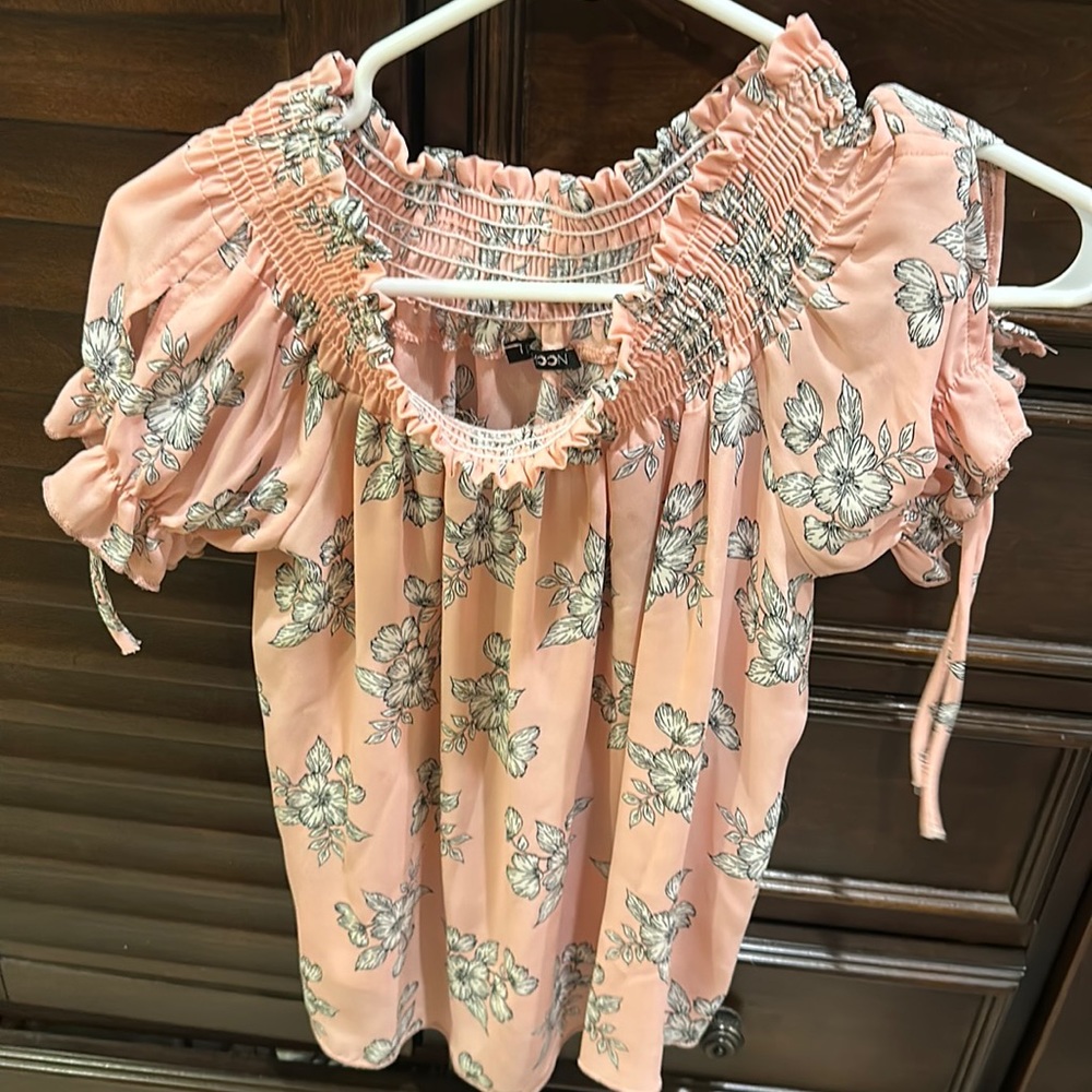 Off the should pink blouse